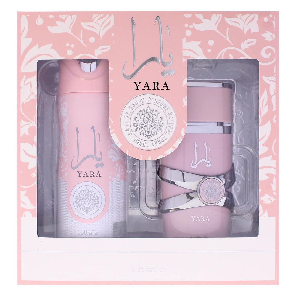 Lattafa Yara Gift Set packaging detail shows premium box.