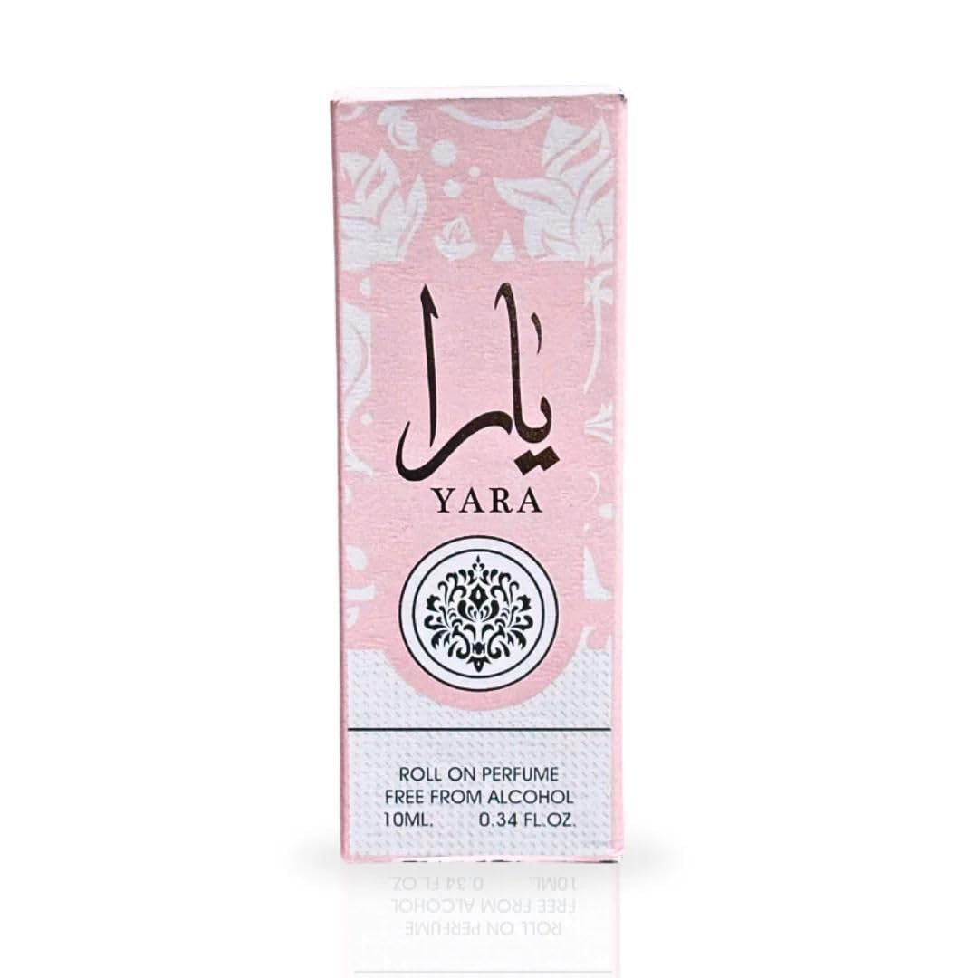 Lattafa Yara roll-on base notes of vanilla and sandalwood evoke warm indulgence.