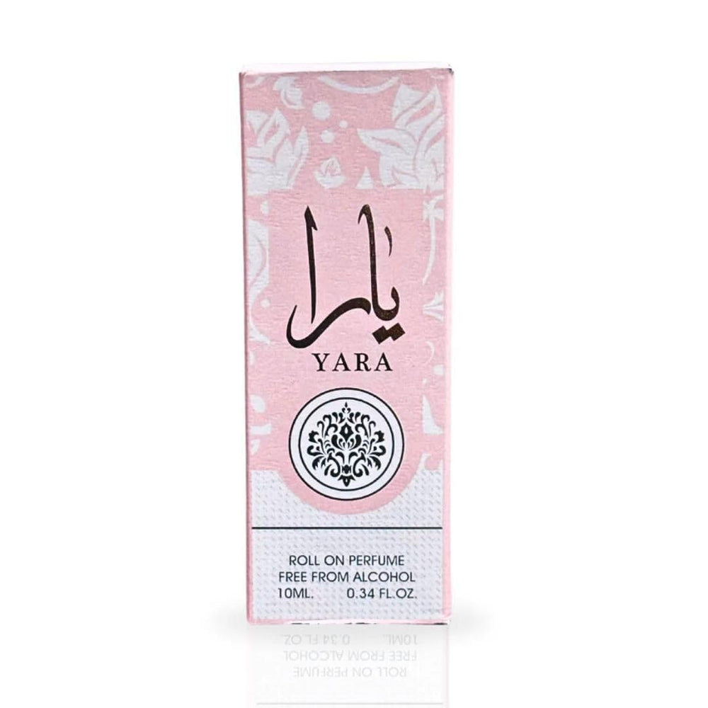 Lattafa Yara roll-on base notes of vanilla and sandalwood evoke warm indulgence.