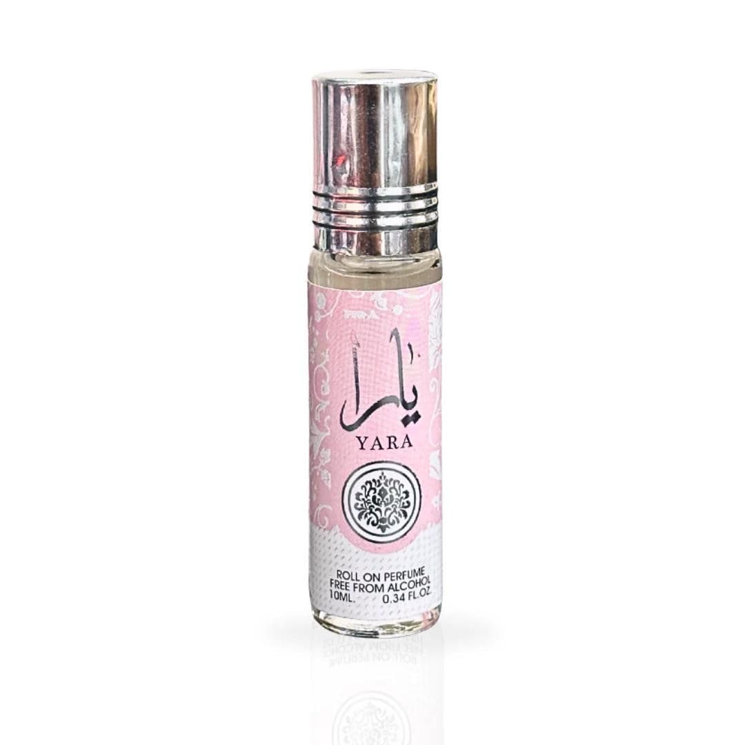 Lattafa Yara roll-on bottle closeup highlights premium design and easy use.