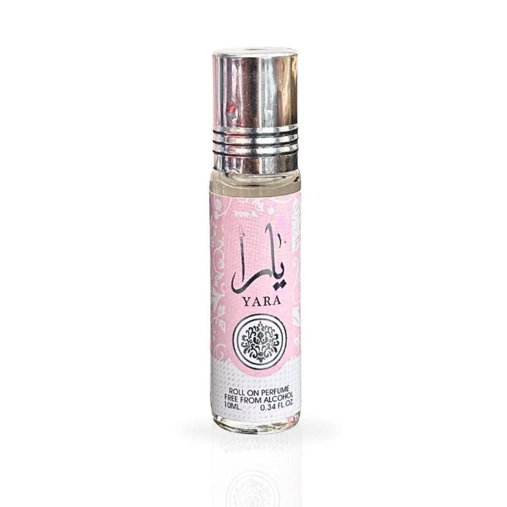 Lattafa Yara roll-on bottle closeup highlights premium design and easy use.