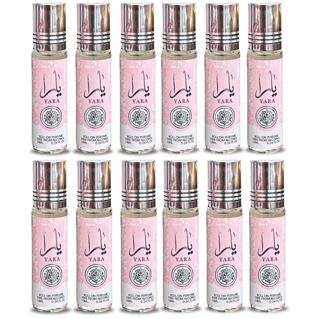 Lattafa Yara roll-on bottle shows heliotrope, orchid, and tangerine top notes for a bright start.