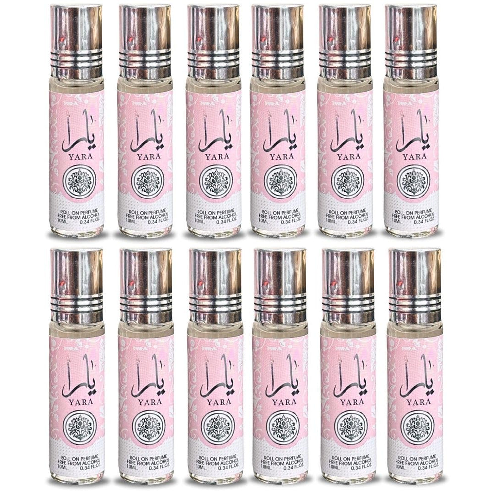 Lattafa Yara roll-on bottle shows heliotrope, orchid, and tangerine top notes for a bright start.