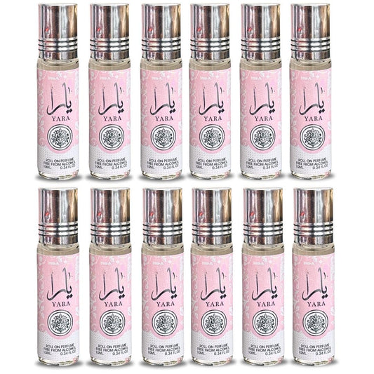 Lattafa Yara roll-on bottle shows heliotrope, orchid, and tangerine top notes for a bright start.