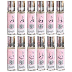 Lattafa Yara roll-on bottle shows heliotrope, orchid, and tangerine top notes for a bright start.