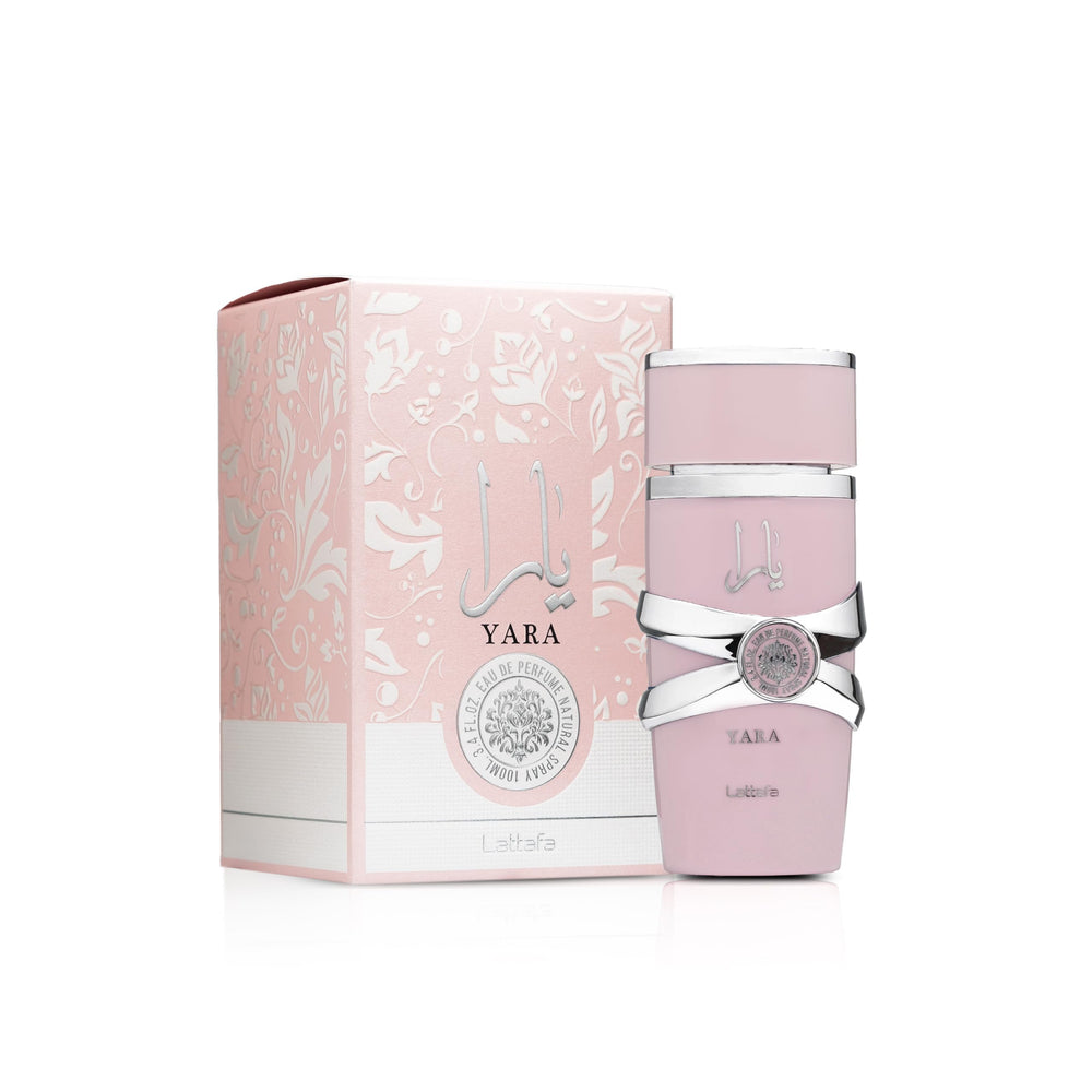 Lattafa Yara bottle highlights tangerine headnote for a bright daytime start.