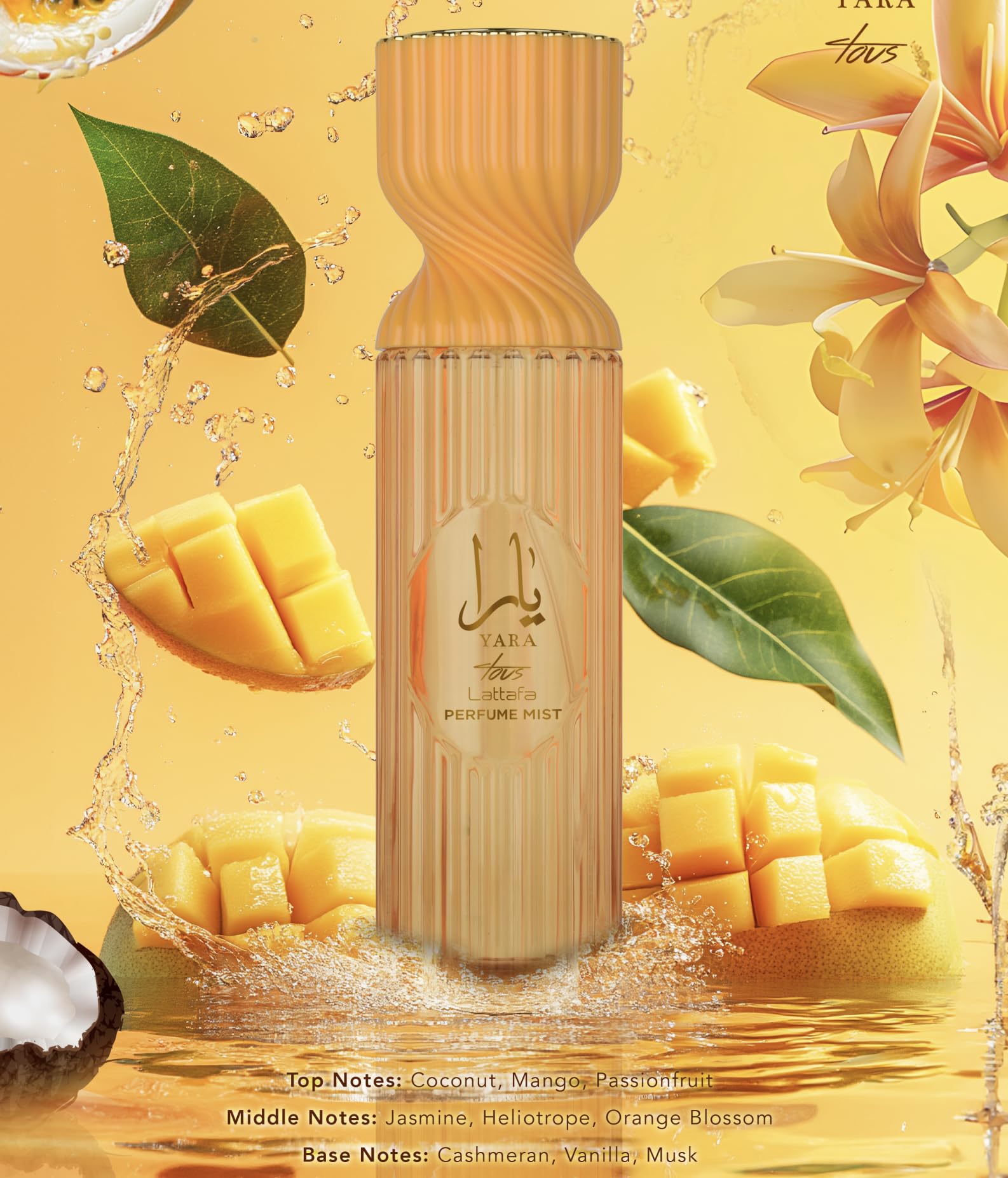 Lattafa Yara Tous Perfume Mist spray in hand for a refreshing coconut-fruit moment.