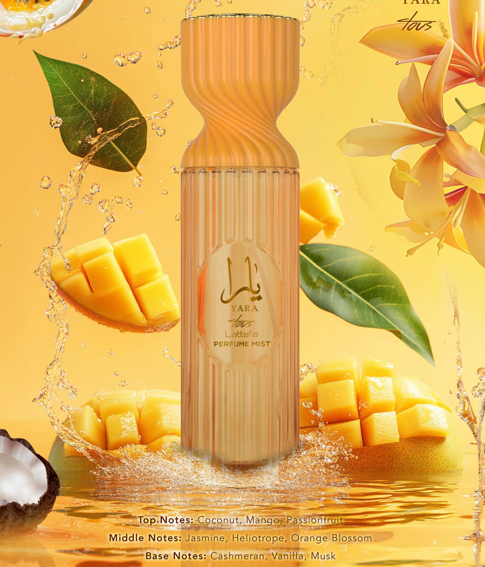 Lattafa Yara Tous Perfume Mist spray in hand for a refreshing coconut-fruit moment.