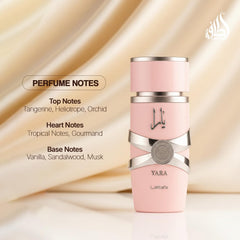 Lattafa Yara tropical gourmand heart hints at rich, indulgent moments.
