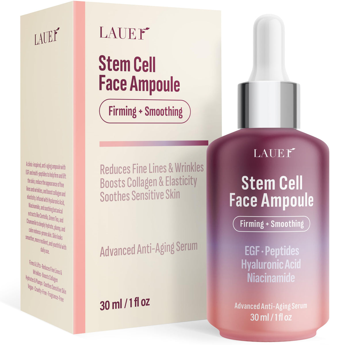 Lauer Cosmetic Stem Cell Face Ampoule bottle highlighting firming benefits for smoother skin.