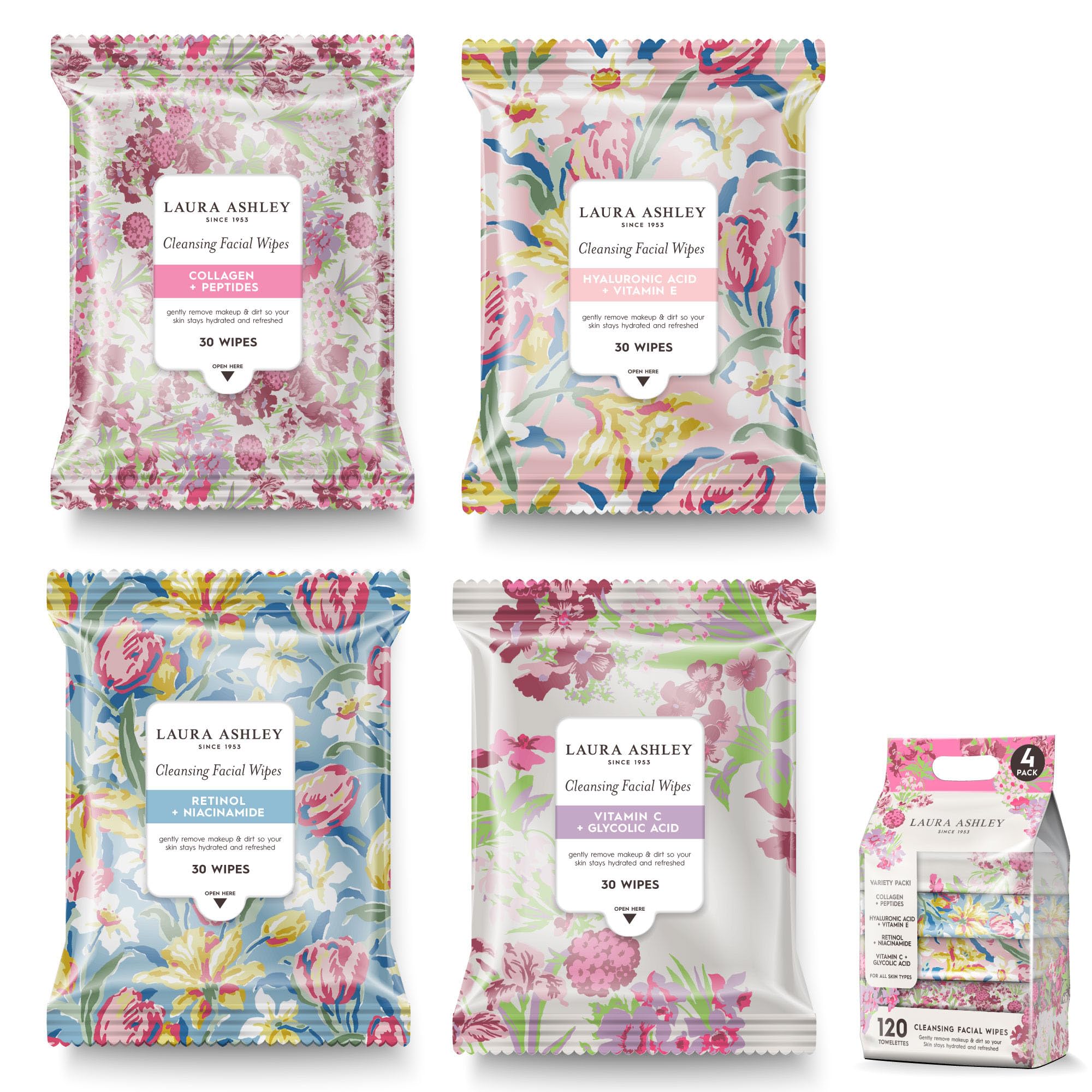 Laura Ashley facial wipes remove makeup quickly for a refreshed look.