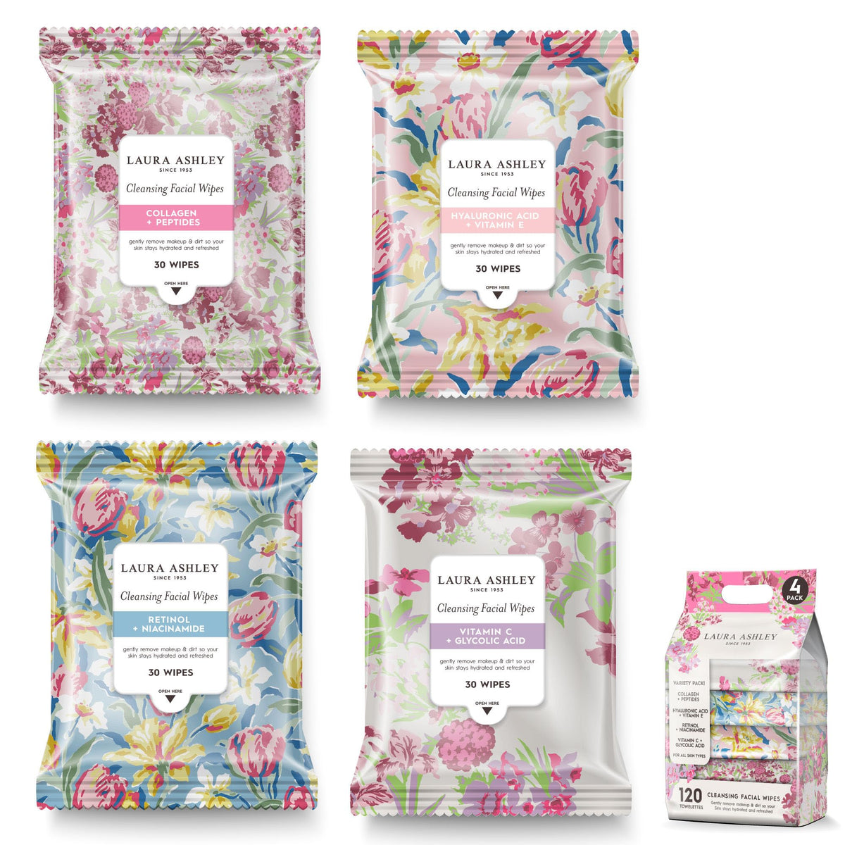 Laura Ashley facial wipes remove makeup quickly for a refreshed look.