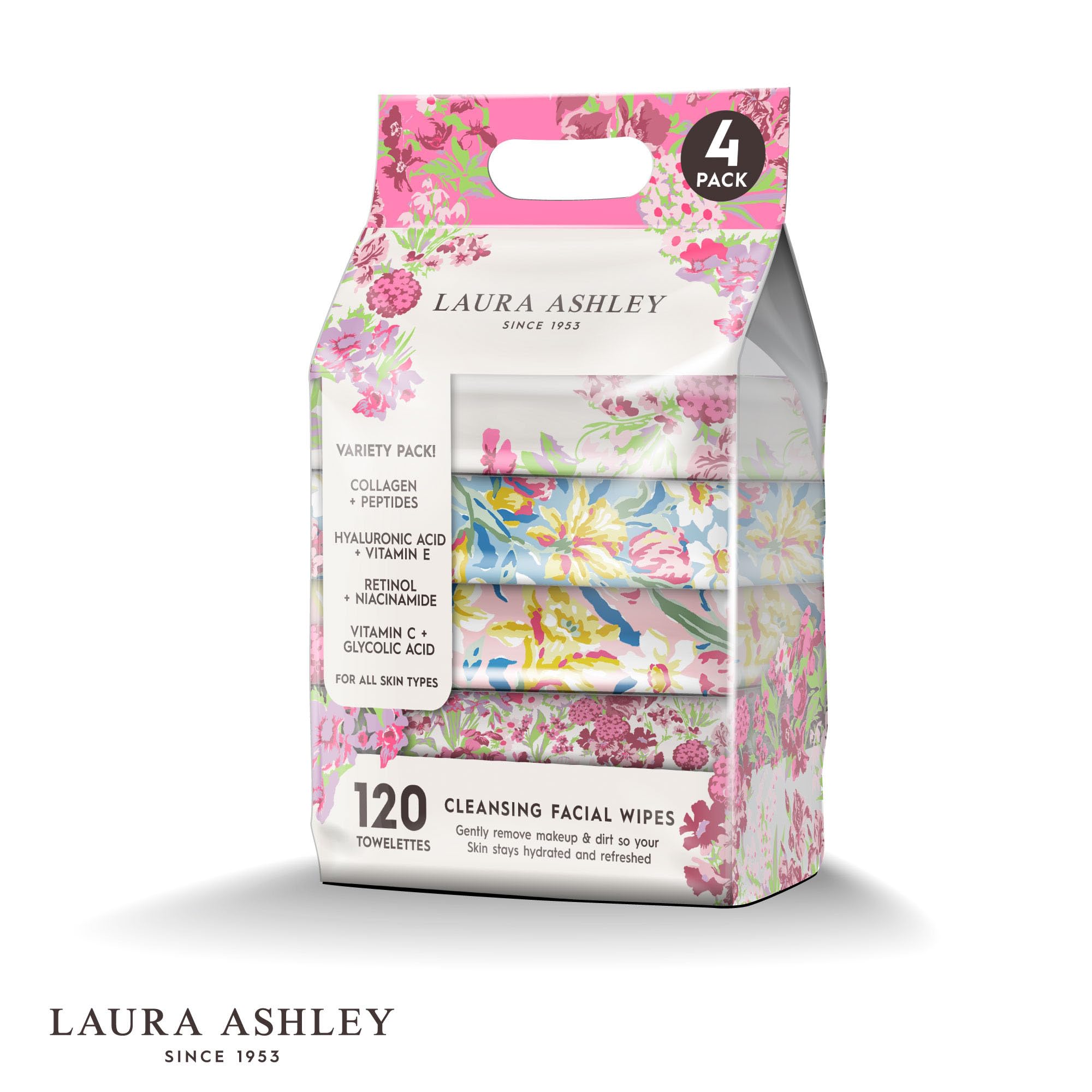 Laura Ashley collagen peptides wipes provide a firmer feel after cleansing.