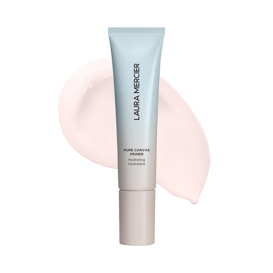 Laura Mercier Pure Canvas Primer bottle in focus, smooth base for makeup wear.