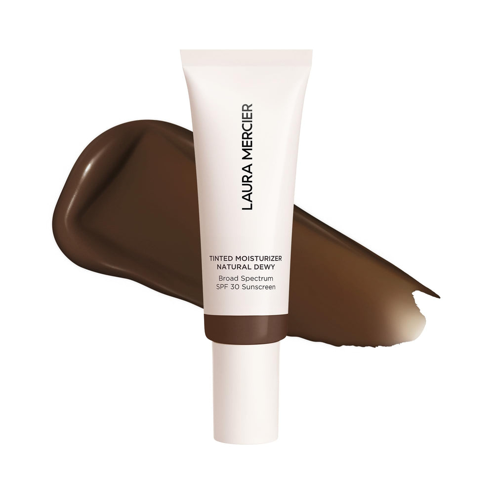 Laura Mercier tinted moisturizer bottle with a natural dewy finish and SPF 30.