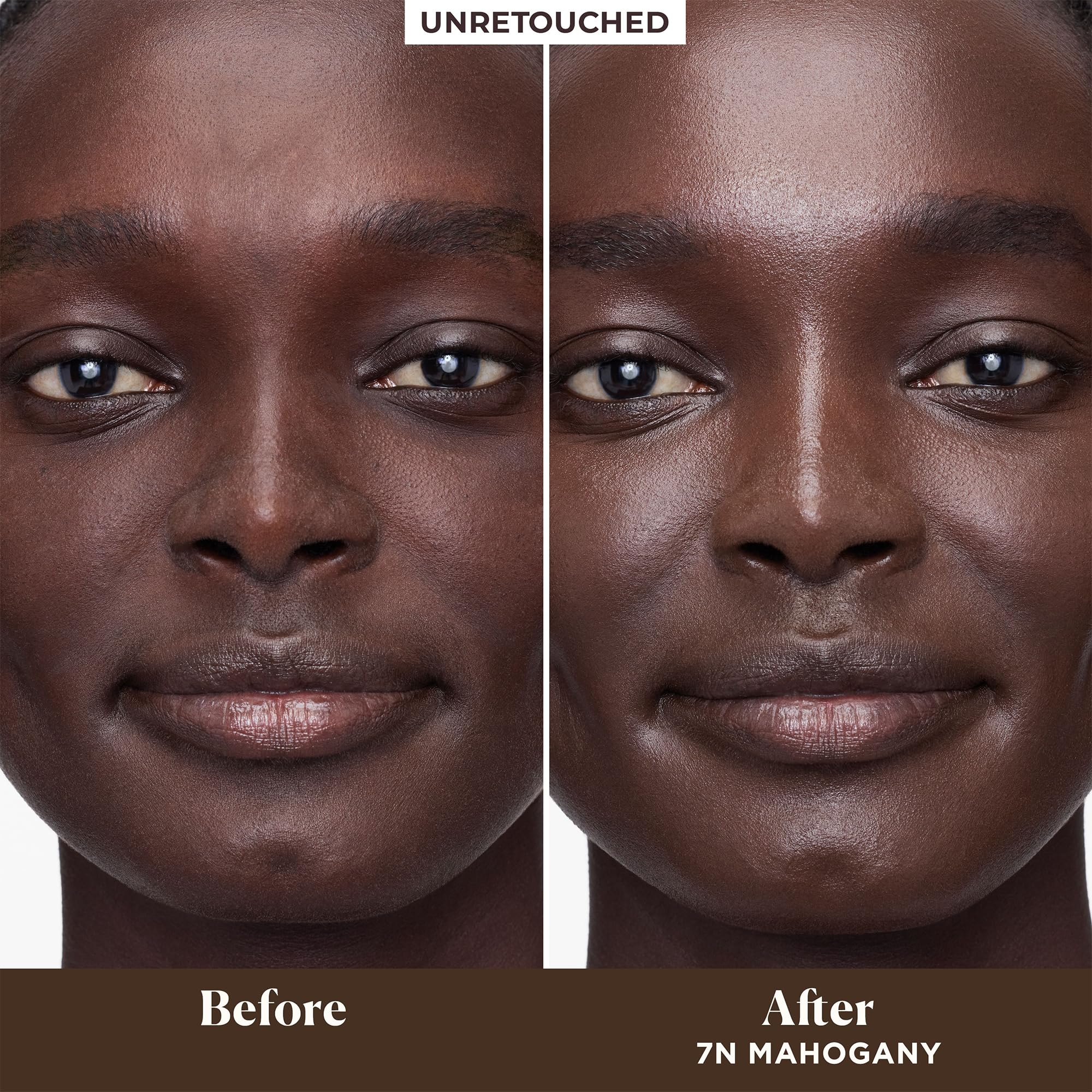 Close-up texture of Laura Mercier tinted moisturizer shows hydrated, plump-looking skin.