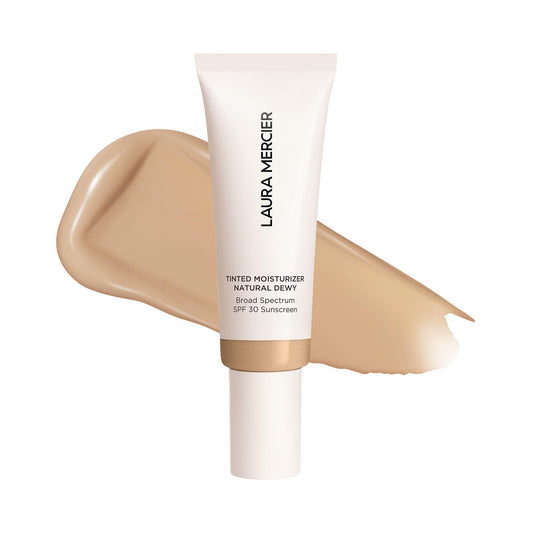 Laura Mercier tinted moisturizer close-up swatch showing dewy finish and hydration