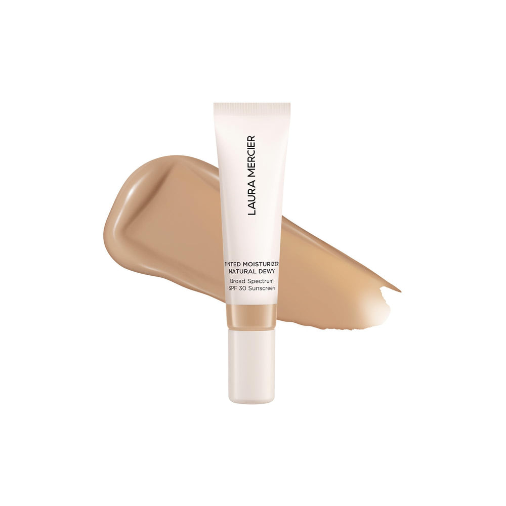 Laura Mercier tinted moisturizer bottle with dewy finish and SPF 30 protection.