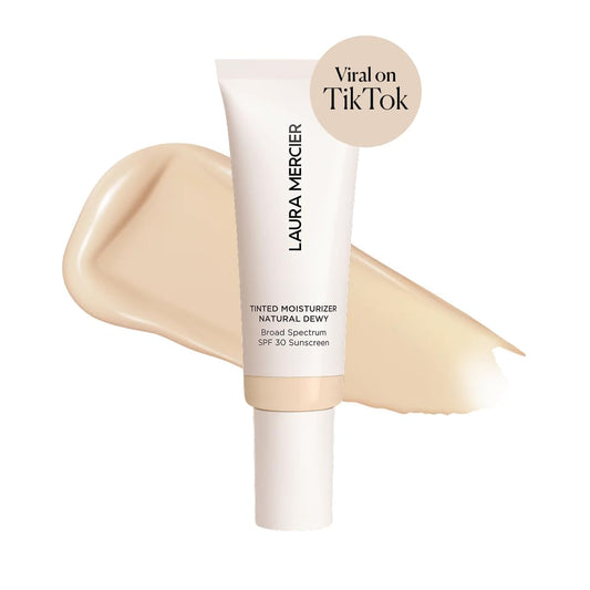 Laura Mercier tinted moisturizer tube packaging highlights lightweight hydration for daily wear.