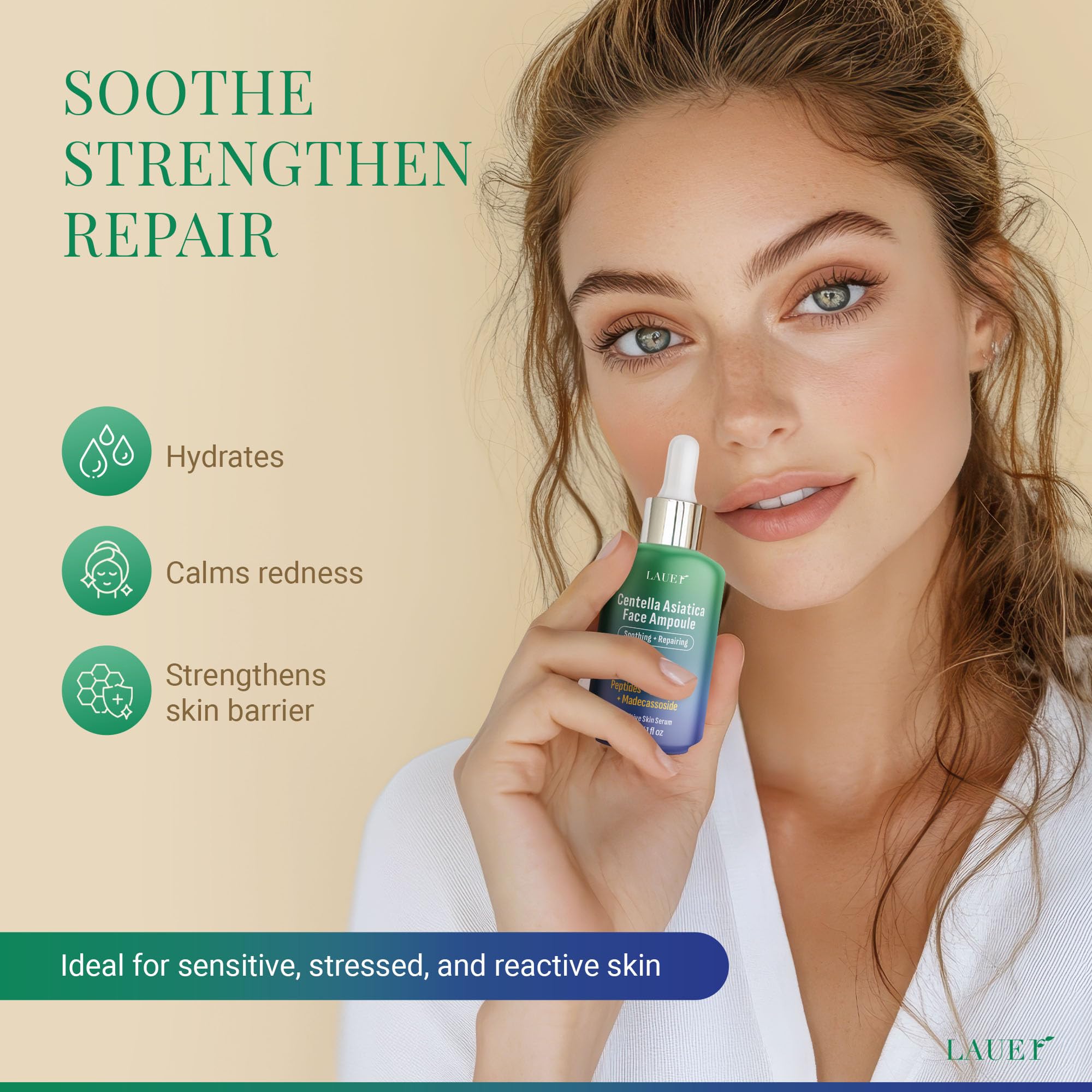 Close-up of LAUER COSMETIC serum dropper for precise, gentle application