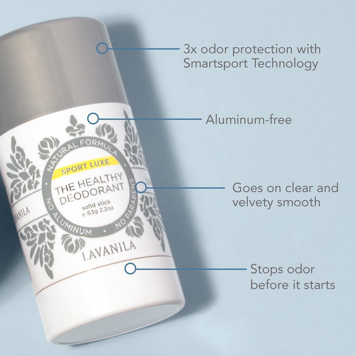 Lavanila aluminum-free deodorant packaging for travel and gym use.
