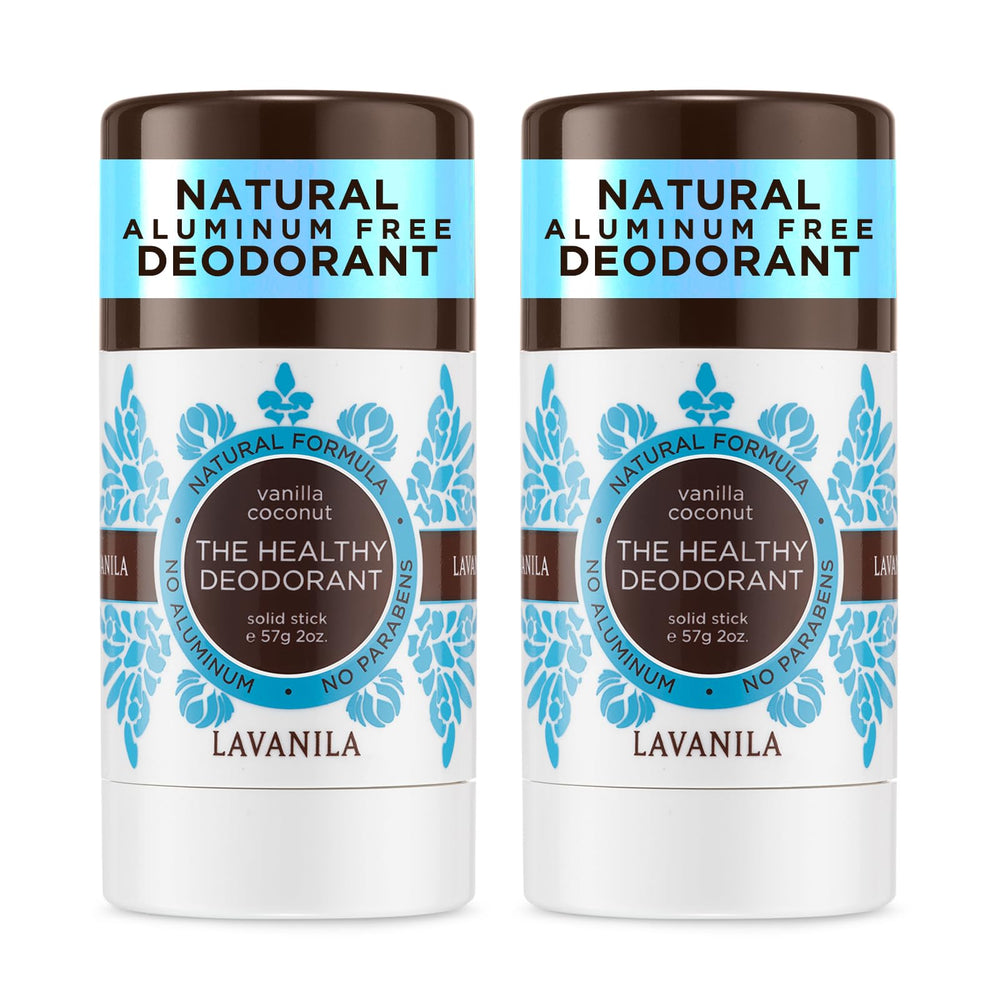 Lavanila Vanilla Coconut Deodorant two-pack front view shows convenient packaging and long-lasting odor protection
