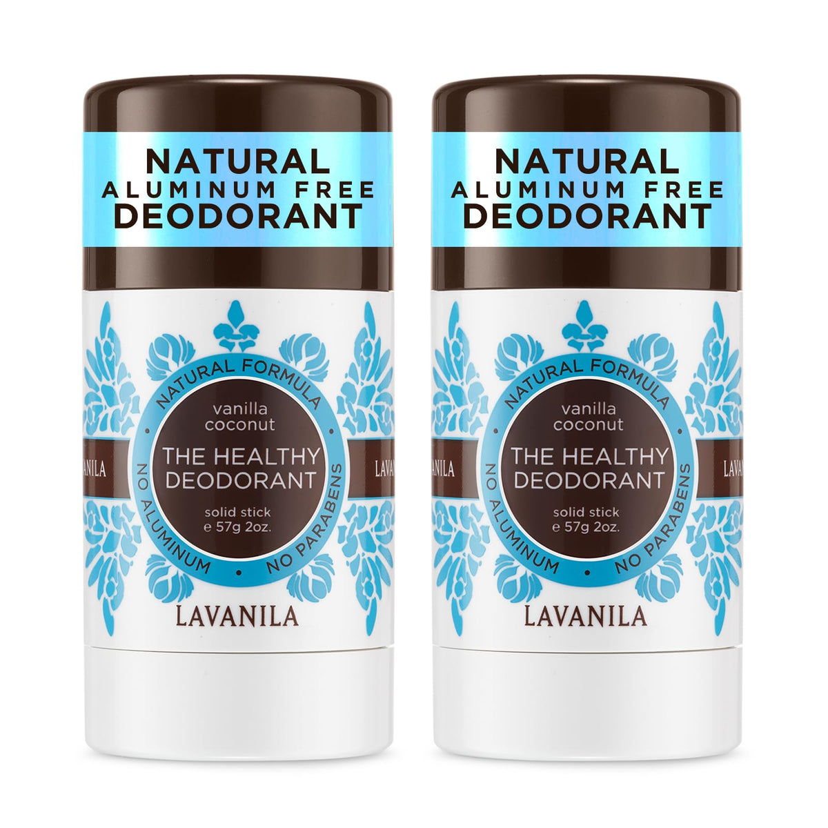 Lavanila Vanilla Coconut Deodorant two-pack front view shows convenient packaging and long-lasting odor protection
