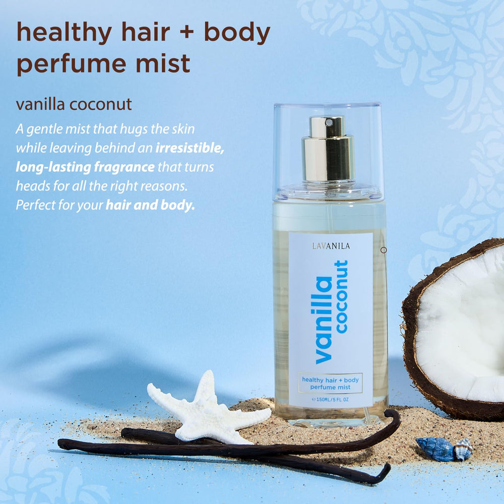 Lavanila Vanilla Coconut Mist spray being dispensed for quick, light fragrance