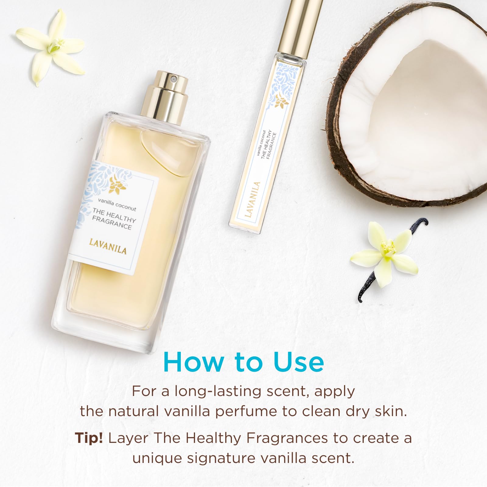 Lavanila Vanilla Coconut ingredients card suggests sugar cane alcohol and essential oils.
