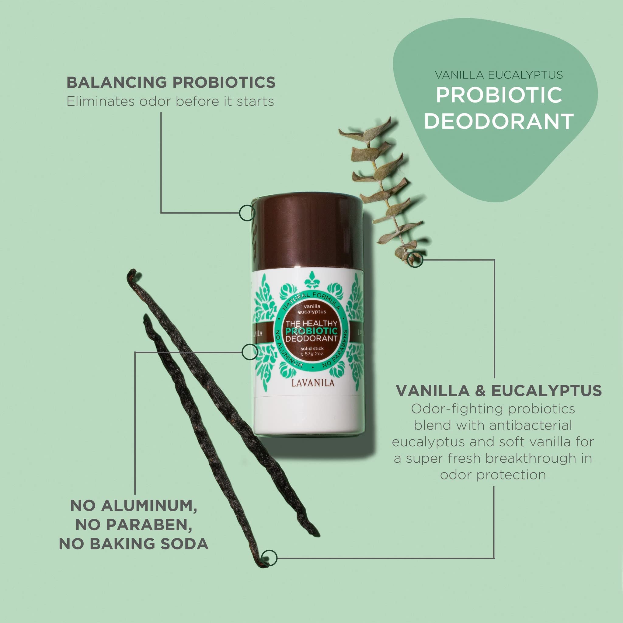 Lavanila vanilla-eucalyptus-deodorant-stick-two-pack shown for daily freshness on the go.