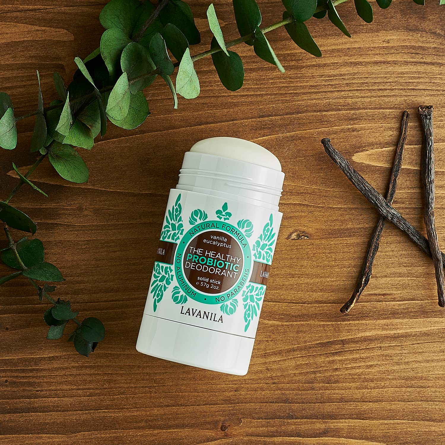 Lavanila vanilla-eucalyptus-deodorant-stick close-up reveals velvet-soft texture and smooth glide.
