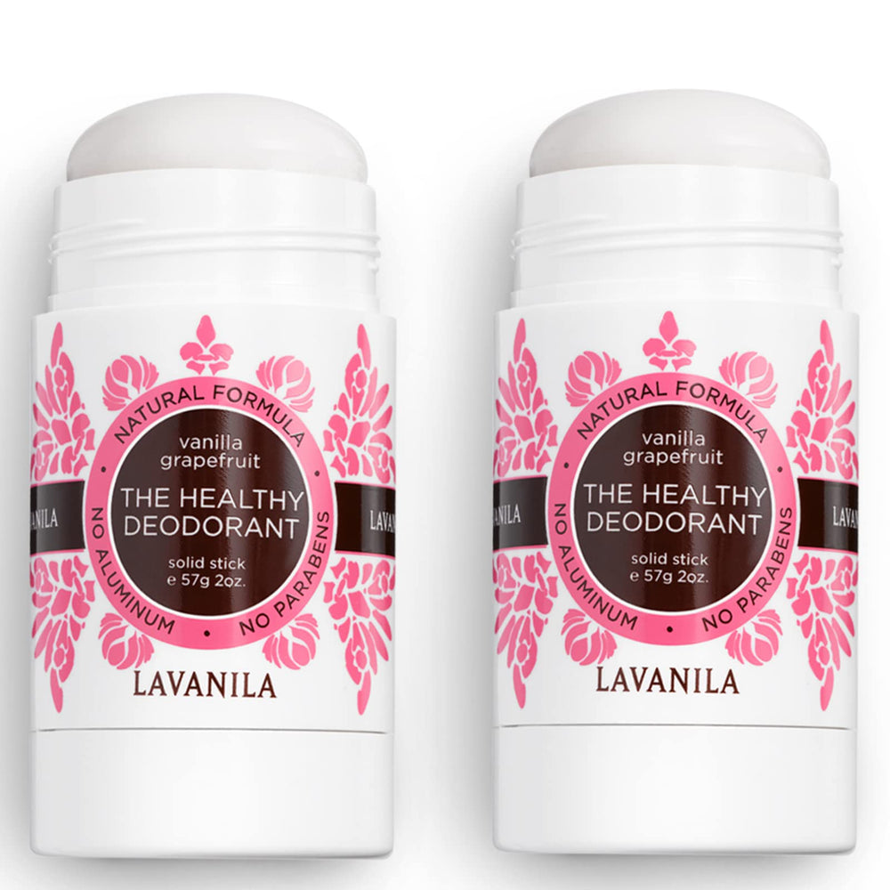 Close-up packaging of Lavanila Vanilla Grapefruit deodorant highlighting USA-made claim.