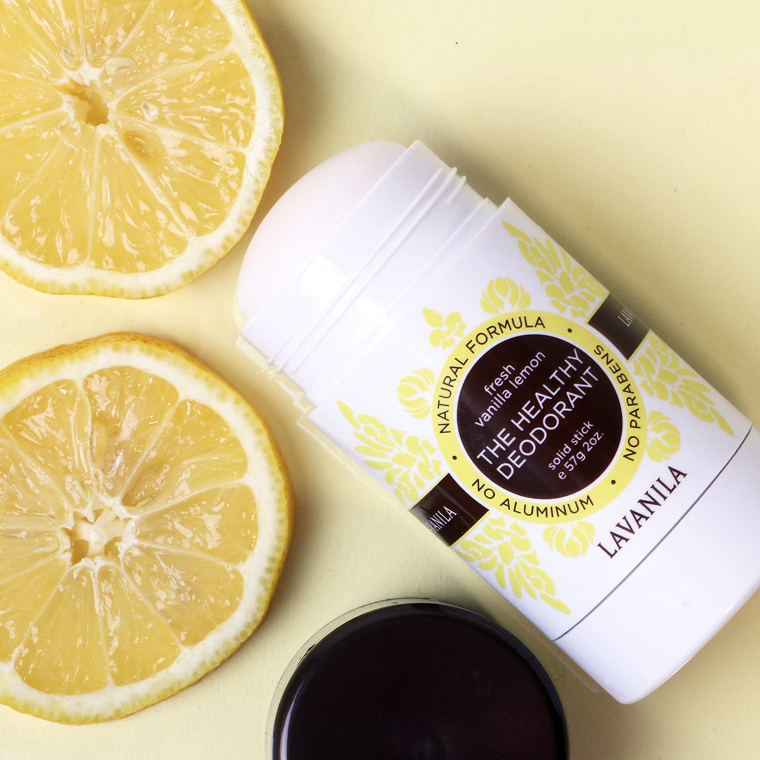 Lavanila Vanilla Lemon deodorant glide texture shown for a sheer finish.