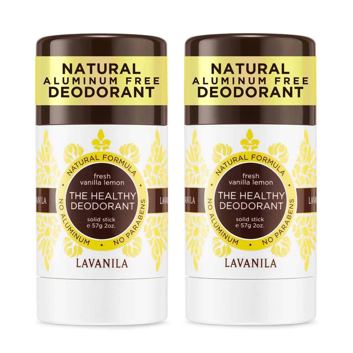 Lavanila Vanilla Lemon deodorant packaging highlights aluminum-free formula for sensitive skin.