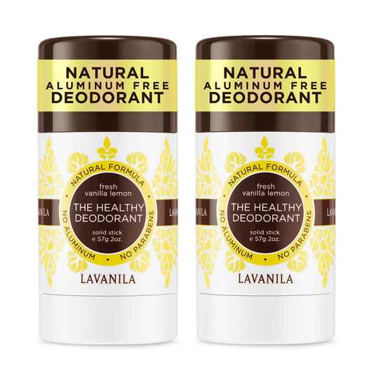 Lavanila Vanilla Lemon deodorant packaging highlights aluminum-free formula for sensitive skin.