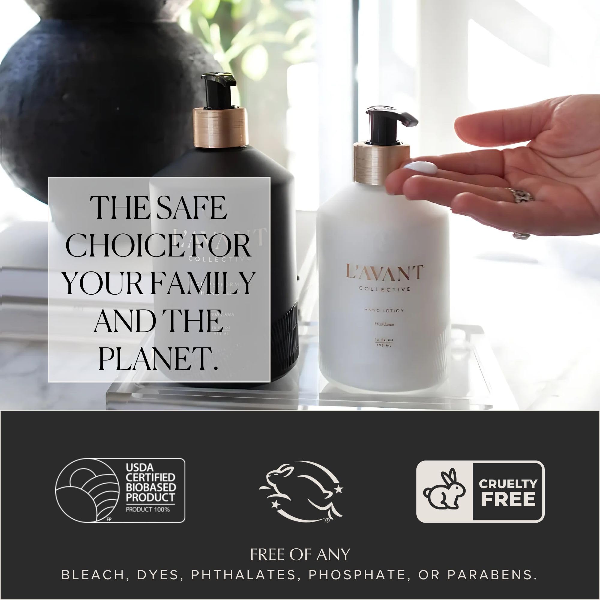 Lavant Collective 10 oz glass bottle on vanity, sophisticated display.