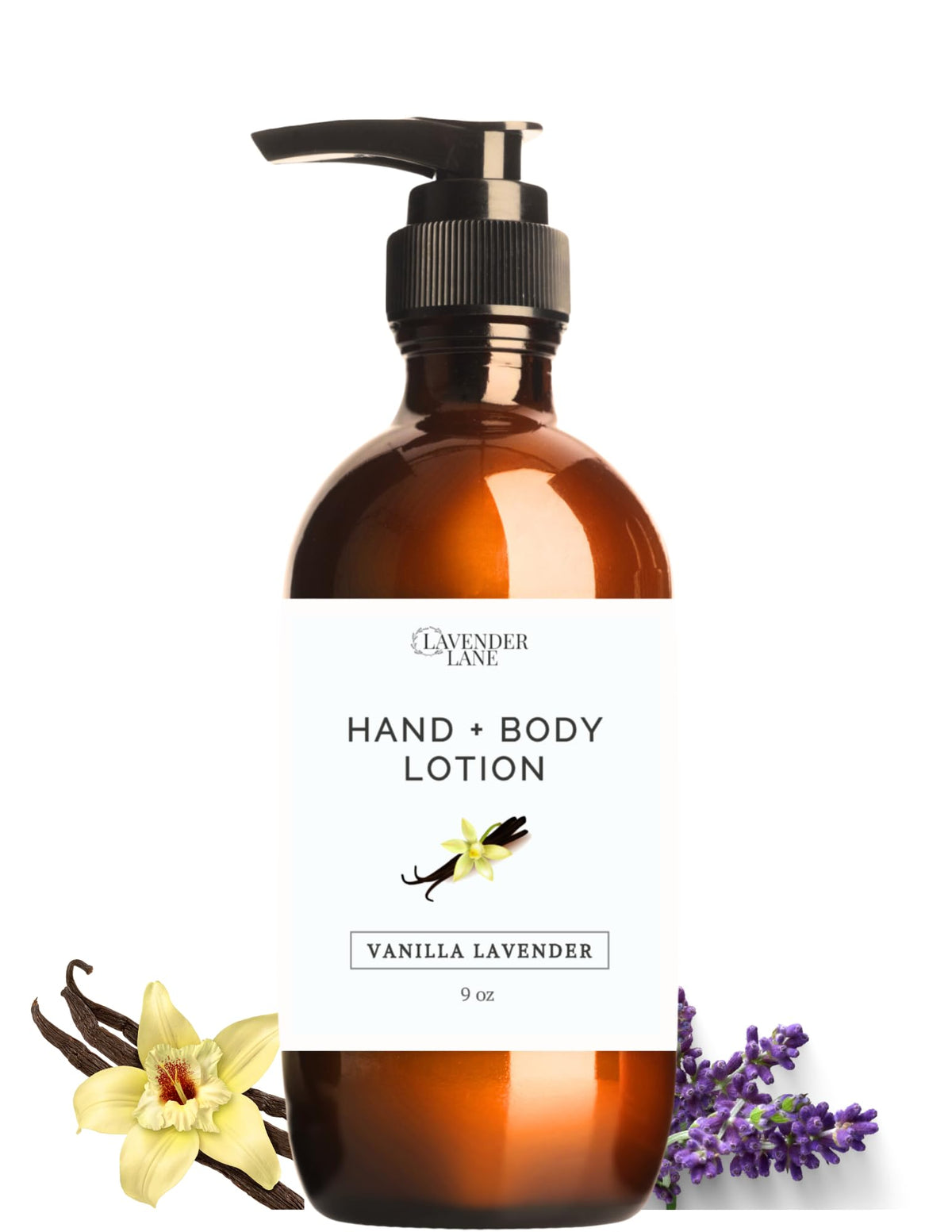 Lavender Lane vanilla lavender lotion bottle highlighting nourishing ingredients.