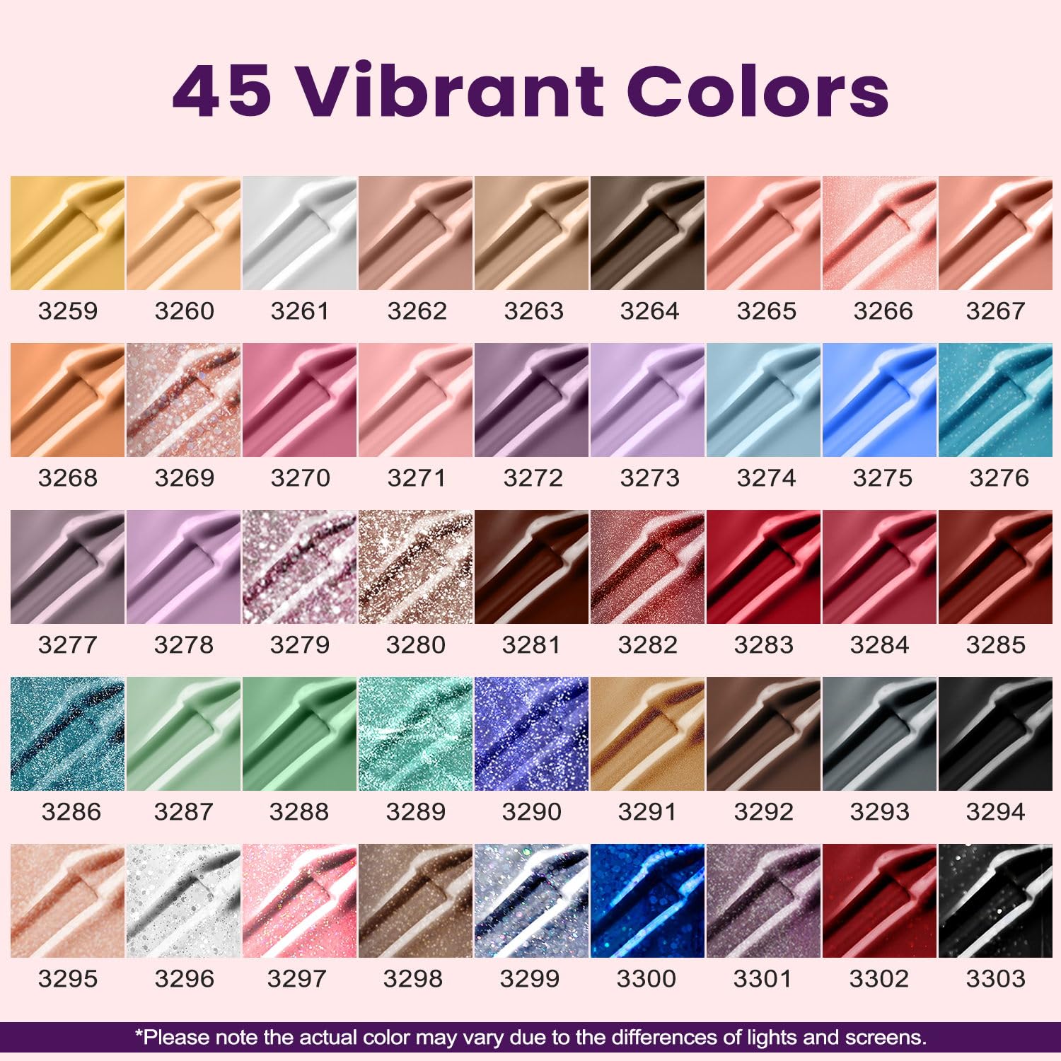 Lavender Violets 45 gel colors offer endless nail art possibilities.