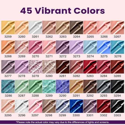 Lavender Violets 45 gel colors offer endless nail art possibilities.