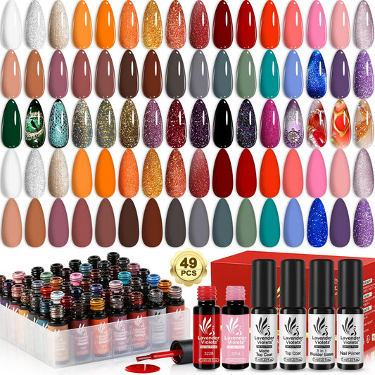 Lavender Violets 49-pcs gel nail polish set packaging for home manicure convenience
