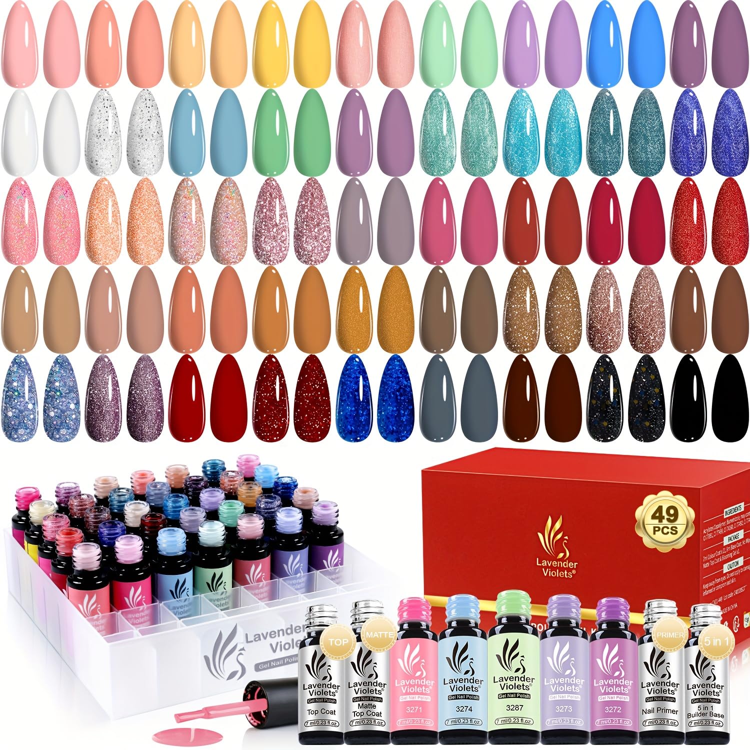 Lavender Violets 49-piece gel nail polish kit with 45 colors for versatile at-home manicures.