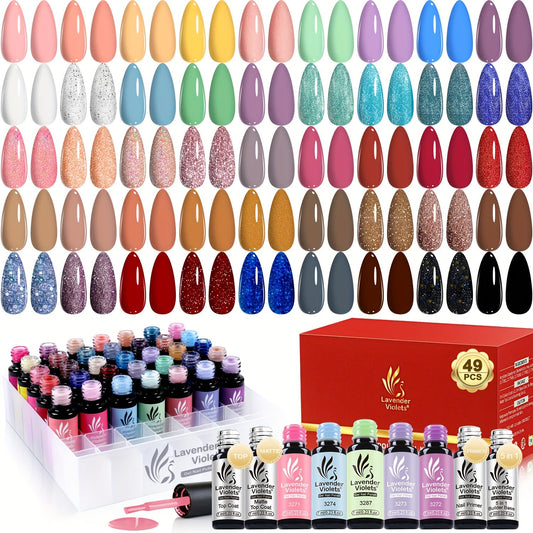 Lavender Violets 49-piece gel nail polish kit with 45 colors for versatile at-home manicures.
