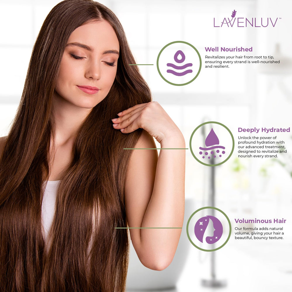 Packaging close-up of Lavenluv Stay hair growth conditioner emphasizing natural ingredients