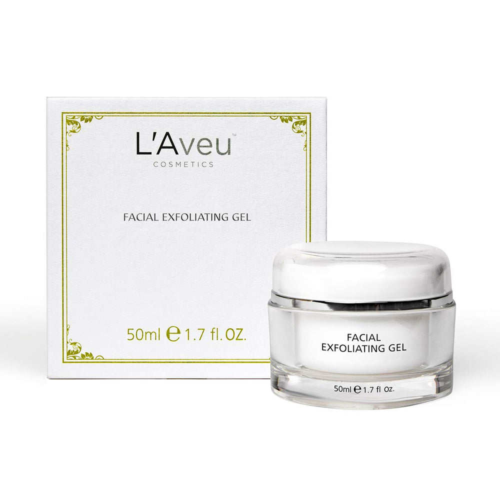 L'Aveu Facial Exfoliating Gel bottle showing smooth skin benefits.