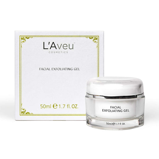 L'Aveu Facial Exfoliating Gel bottle showing smooth skin benefits.