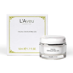 L'Aveu Facial Exfoliating Gel bottle showing smooth skin benefits.
