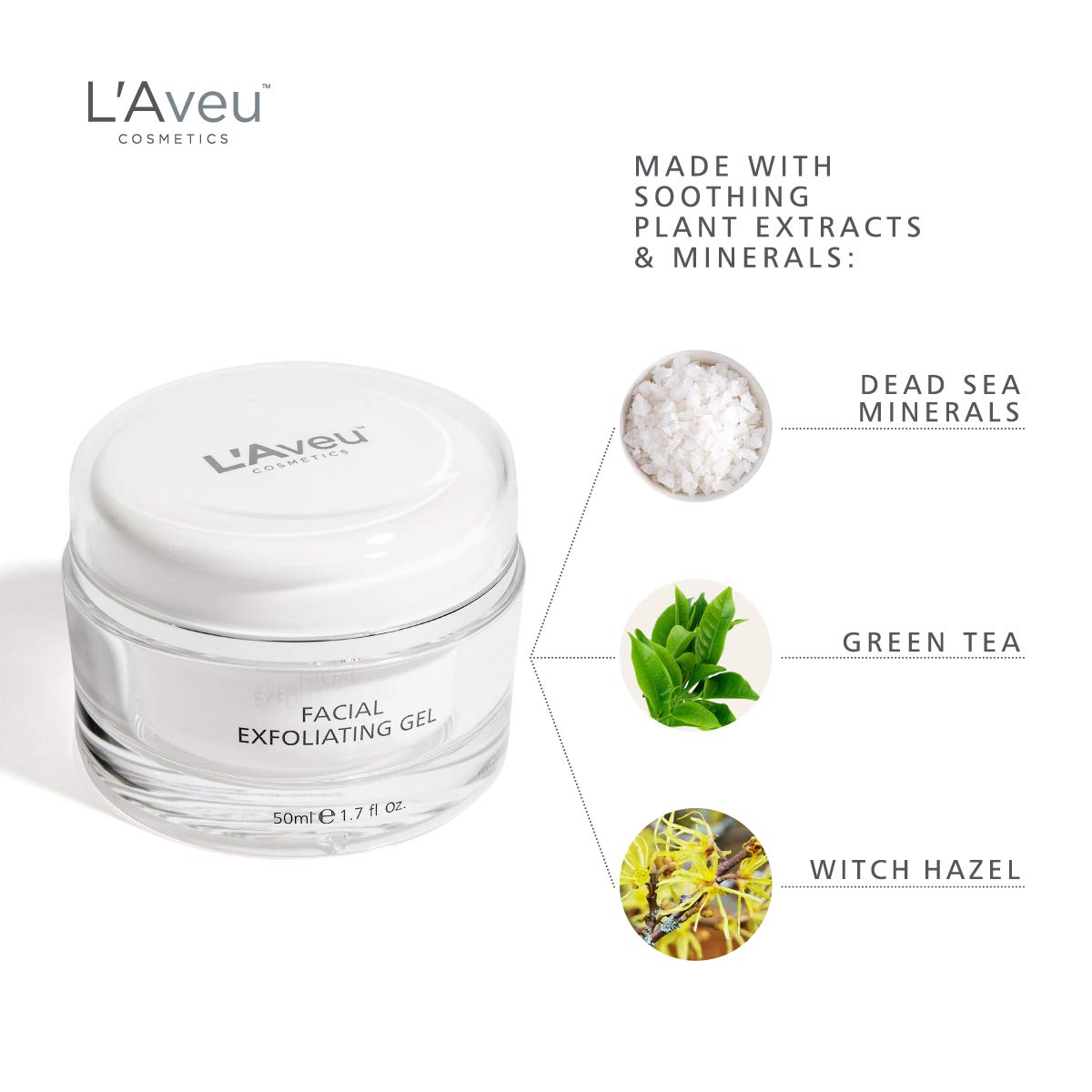 L'Aveu gel highlighting green tea ingredients for hydration.