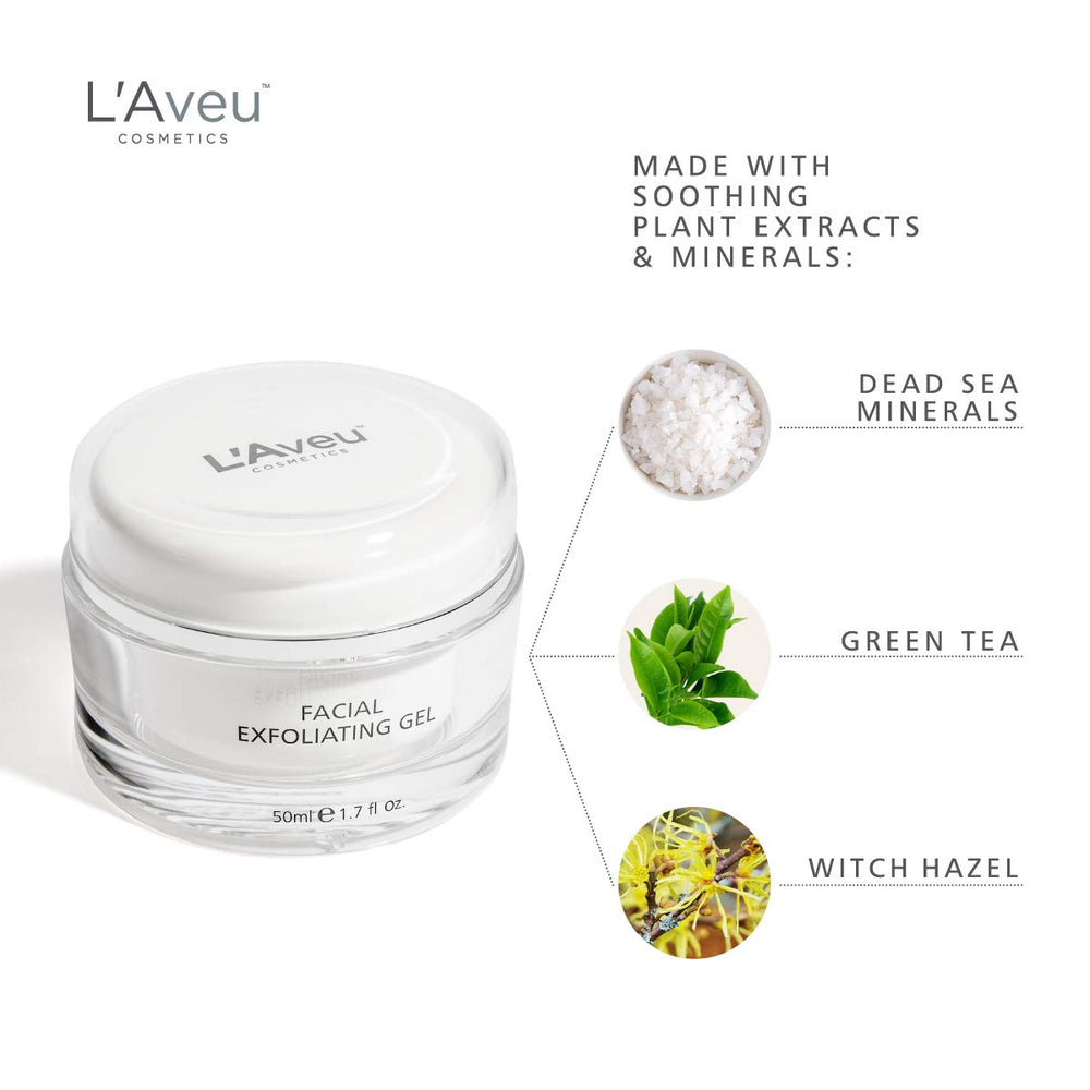 L'Aveu gel highlighting green tea ingredients for hydration.