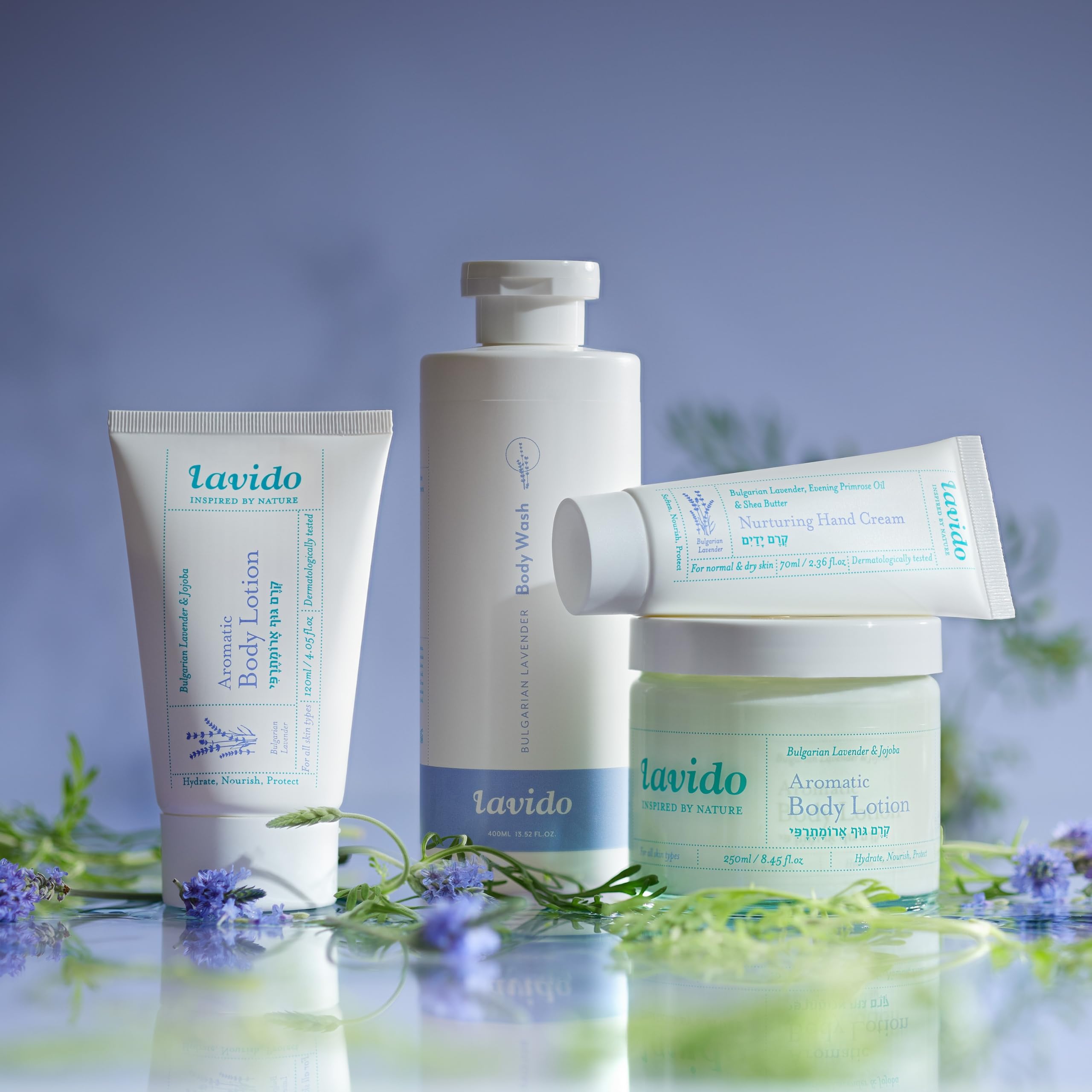 Lavido aromatic lavender body wash lather highlighting a soothing, spa-like cleanse.