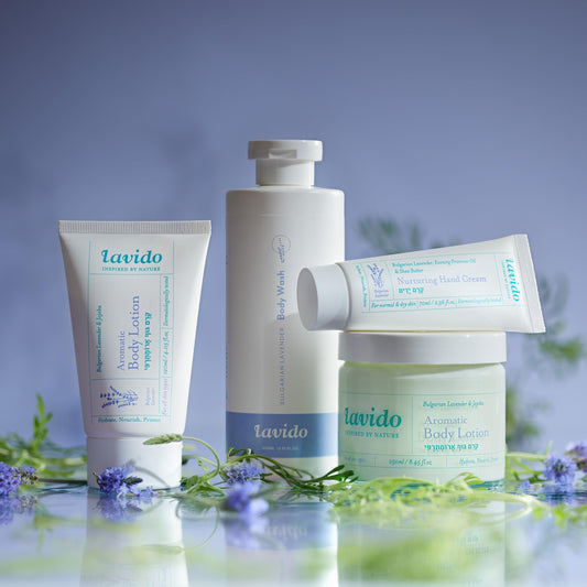 Lavido aromatic lavender body wash lather highlighting a soothing, spa-like cleanse.